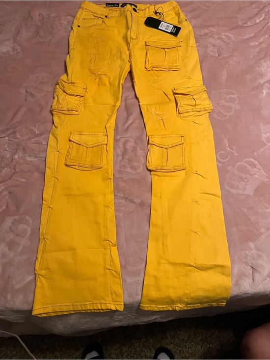 Urban Beast Other - Men's Yellow Cargo Flare Pants with Utility Pockets